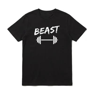 Vater Sohn Partnerlook Beast T-Shirt – WEISSER SCHRIFTZUG BEAST OBER EINEM BARBELL-SYMBOL – Klassisches T-Shirt in Schwarz