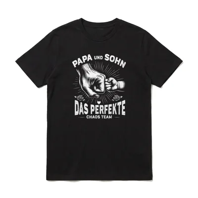 Papa und Sohn T-Shirt – Faustgruß Vater und Sohn, Schriftzug „Das perfekte Chaos Team“ – Klassisches T-Shirt in Schwarz