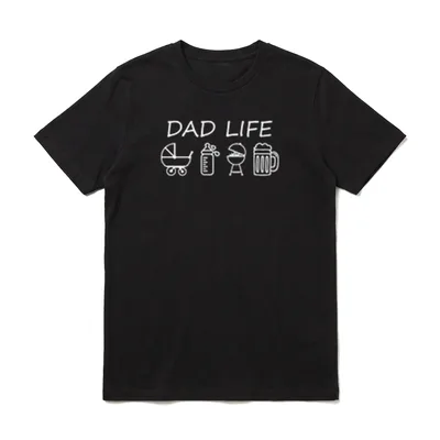 DAD Life T-Shirt – DAD LIFE Text mit Ikonen für Kinderwagen, Babyflasche, Grill und Bierkrug – Klassisches T-Shirt in Schwarz