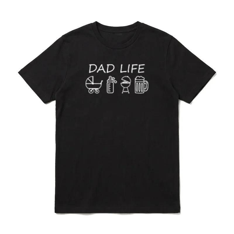 DAD Life T-Shirt – DAD LIFE Text mit Ikonen für Kinderwagen, Babyflasche, Grill und Bierkrug – Klassisches T-Shirt in Schwarz