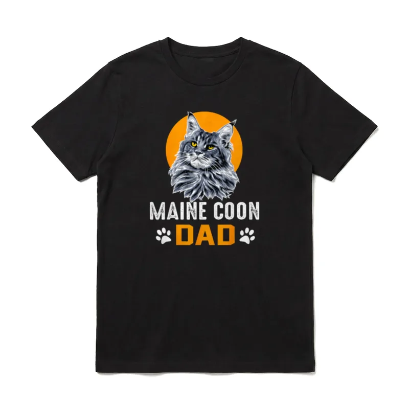 Lustiges Katzen Shirt – Maine Coon Katzenkopf mit Text MAINE COON DAD und Pfotenabdrücken – Klassisches T-Shirt in Schwarz