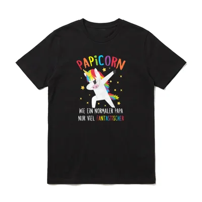 Papa Einhorn Dab Spruch T-Shirt – PAPICORN Einhorn im Dab mit Regenbogenhaar und Sternchen – Klassisches T-Shirt in Schwarz