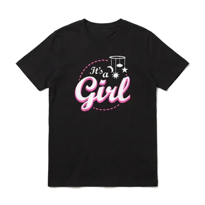 Its a Girl Baby T-Shirt – Schriftzug „It's a Girl“ mit Mobile aus Mond, Stern, Wolke – Klassisches T-Shirt in Schwarz