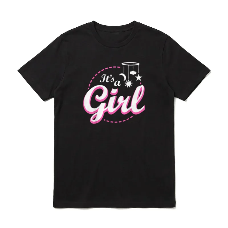 Its a Girl Baby T-Shirt – Schriftzug „It's a Girl“ mit Mobile aus Mond, Stern, Wolke – Klassisches T-Shirt in Schwarz