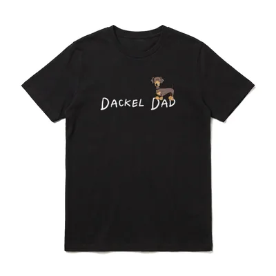 Dackel Papa T I T-Shirt – DACKEL DAD Schriftzug mit braunem Comic-Dackel und gelbem Knochen – Klassisches T-Shirt in Schwarz