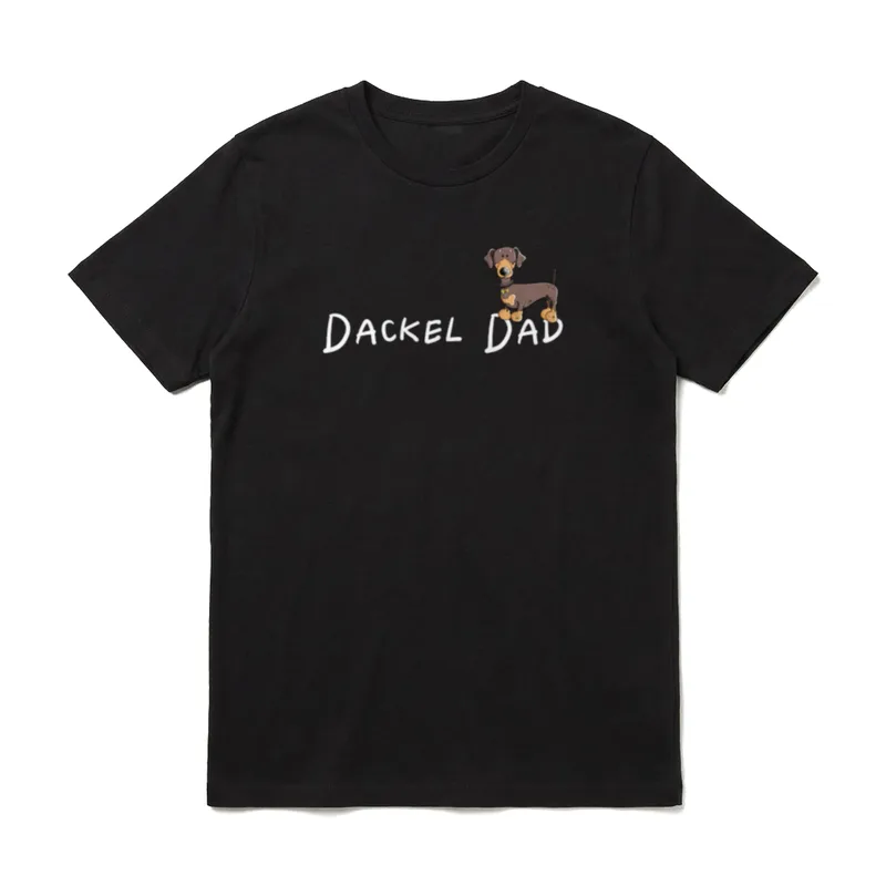 Dackel Papa T I T-Shirt – DACKEL DAD Schriftzug mit braunem Comic-Dackel und gelbem Knochen – Klassisches T-Shirt in Schwarz