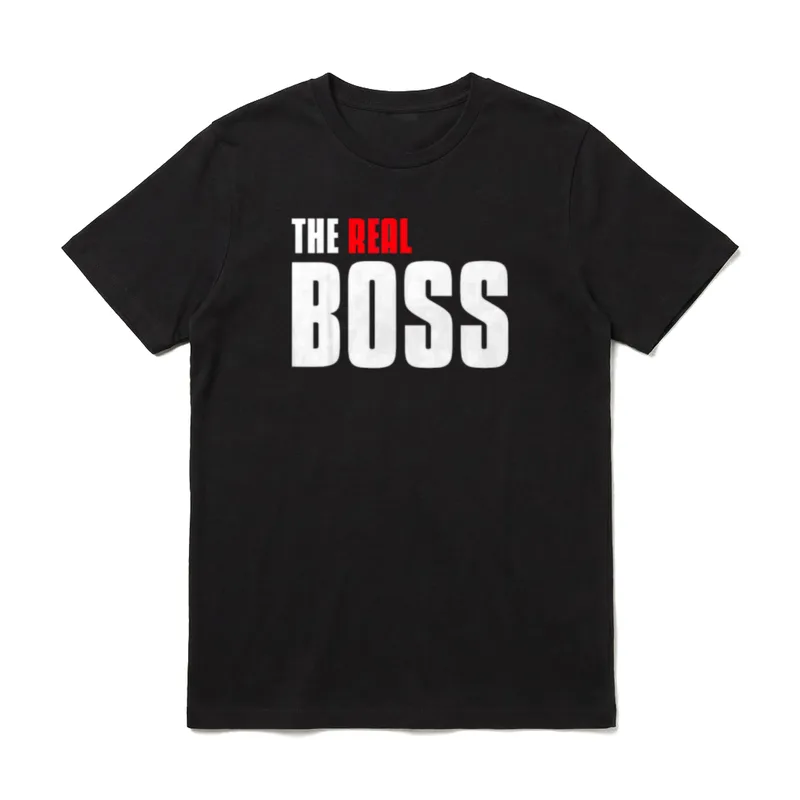 The Real Boss Vater T-Shirt – Schriftzug THE REAL BOSS, REAL in Rot – Klassisches T-Shirt in Schwarz