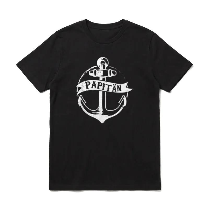 Papa Kapitän Seemann Seefahrer T-Shirt – Anker mit Banner und Schriftzug „Papitän“ – Klassisches T-Shirt in Schwarz