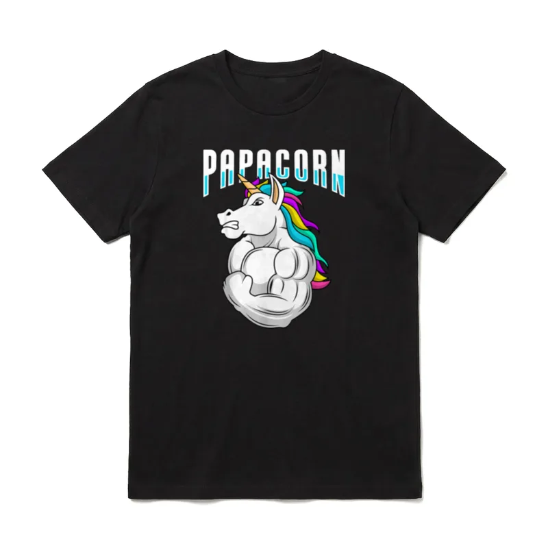 Sport Shirt Bedruckt – PAPACORN Text über weißem, muskulösem Einhorn mit Regenbogenhaar – Klassisches T-Shirt in Schwarz