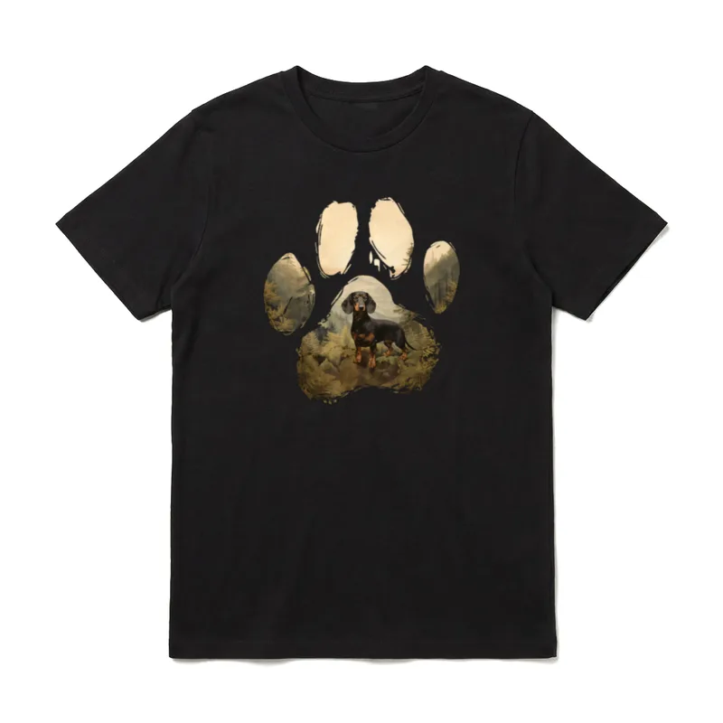 Dackel Mountain Paw Design T-Shirt – Dackel im Wald innerhalb einer Tierpfote Illustration – Klassisches T-Shirt in Schwarz