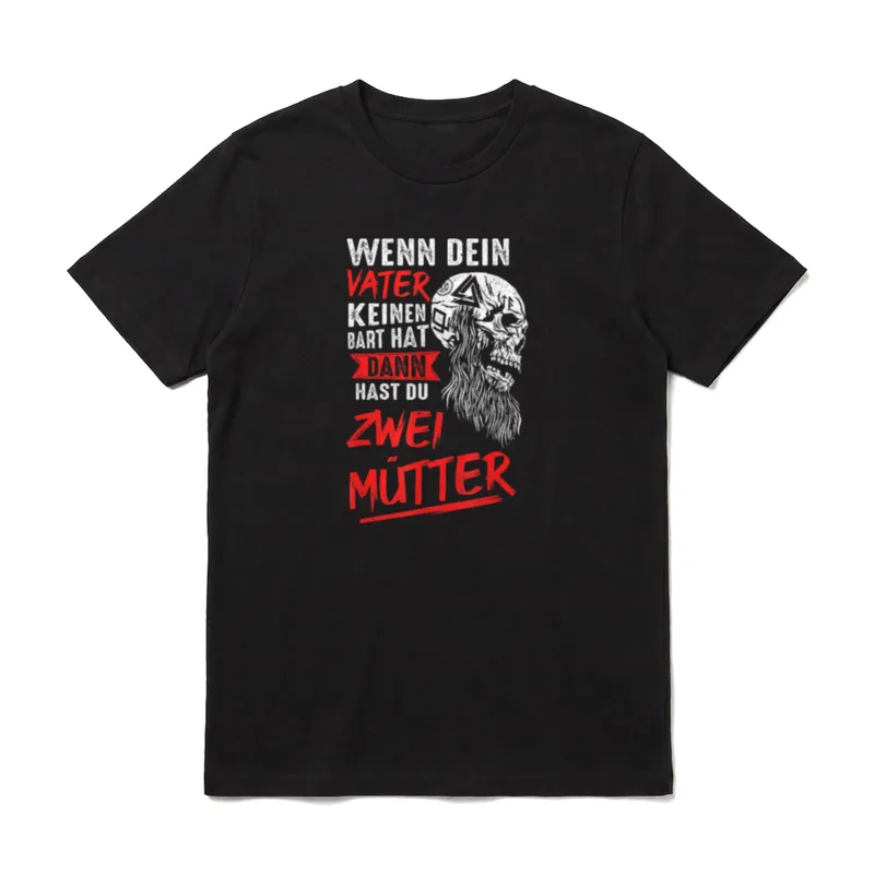 Wenn Dein Vater Keinen T-Shirt – Totenkopf mit Bart, Runen, Spruch über Vater ohne Bart – Klassisches T-Shirt in Schwarz