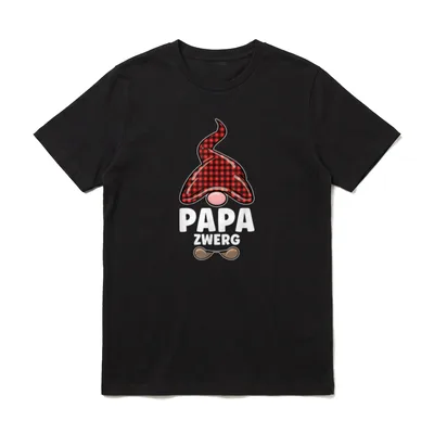 Papa Zwerg Papa Zwerg T-Shirt – Gnom mit kariertem Hut und Text PAPA ZWERG – Klassisches T-Shirt in Schwarz