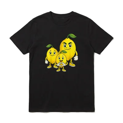 Zitrone mit Herz T-Shirt – Drei cartoonartige Zitronen als Familie, kleines Kind formt Herz – Klassisches T-Shirt in Schwarz