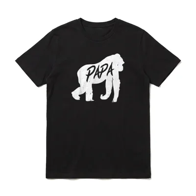 Lustiges Affen T-Shirt – Weiße Gorilla-Silhouette mit dem Wort PAPA in Schriftzug – Klassisches T-Shirt in Schwarz