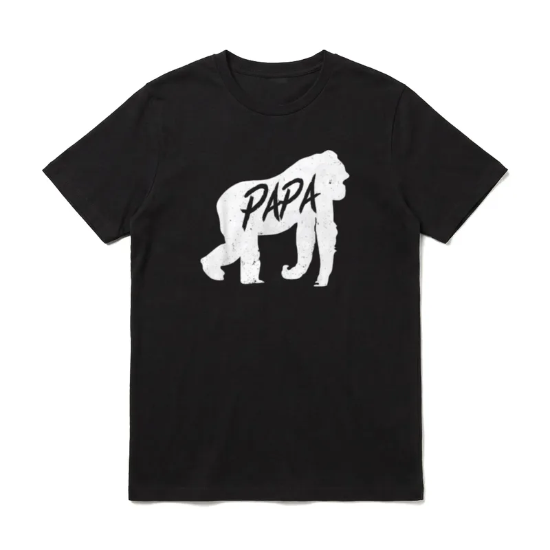 Lustiges Affen T-Shirt – Weiße Gorilla-Silhouette mit dem Wort PAPA in Schriftzug – Klassisches T-Shirt in Schwarz
