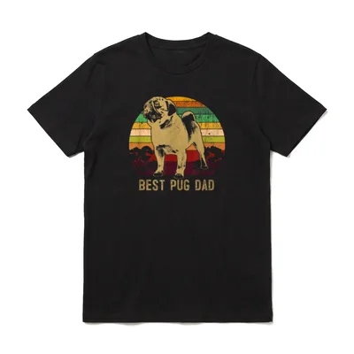 Mops Best Pug Dad T-Shirt – Retro-Mops Silhouette vor bunten Streifen mit Text BEST PUG DAD – Klassisches T-Shirt in Schwarz