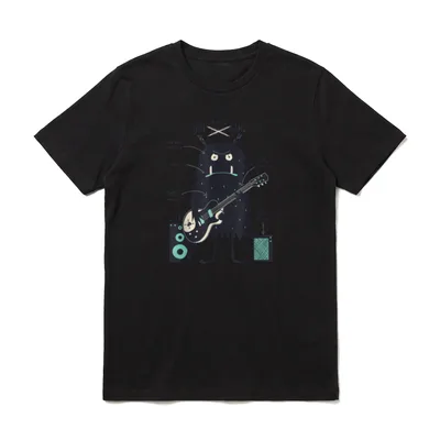 Monster Rock Star Band T-Shirt – Schwarzes Monster mit Gitarre und One Man Band Text – Klassisches T-Shirt in Schwarz