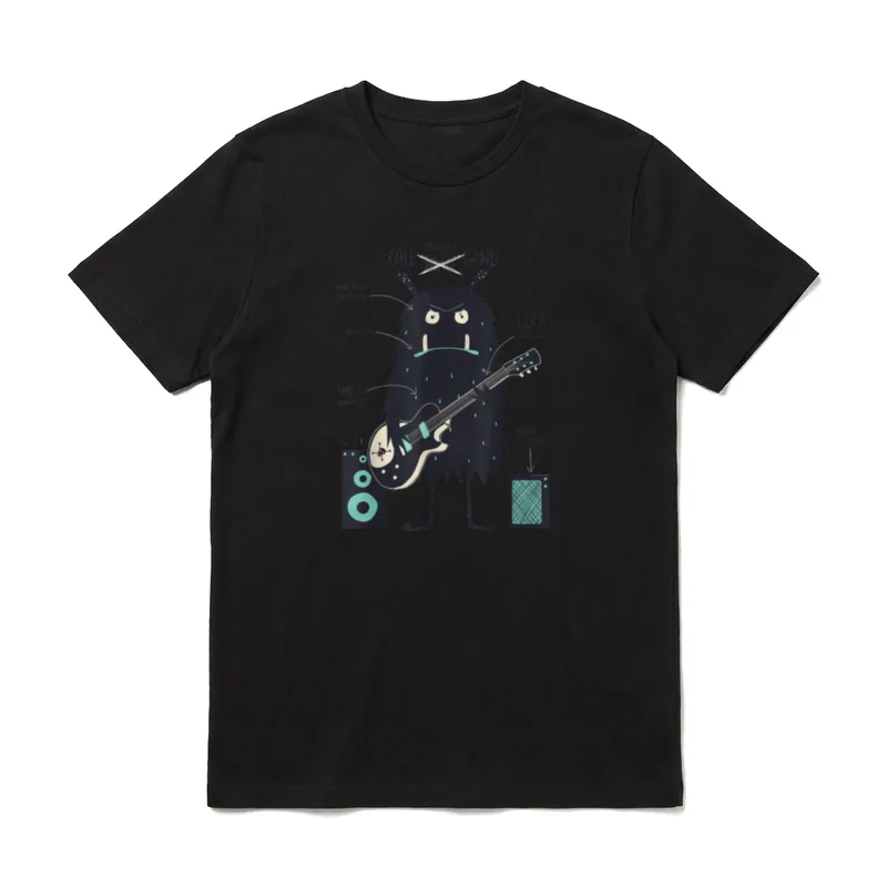 Monster Rock Star Band T-Shirt – Schwarzes Monster mit Gitarre und One Man Band Text – Klassisches T-Shirt in Schwarz
