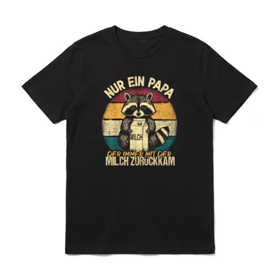 Nur EIN Papa T-Shirt – Retro-Raccoon mit Milchtüte und abgenutzter Schrift im Vintage-Stil – Klassisches T-Shirt in Schwarz