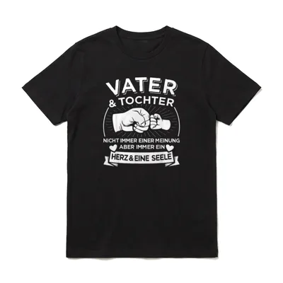 Vater & Tochter Herz T-Shirt – weißer Schriftzug über Faustgruß zwischen Vater und Tochter – Klassisches T-Shirt in Schwarz