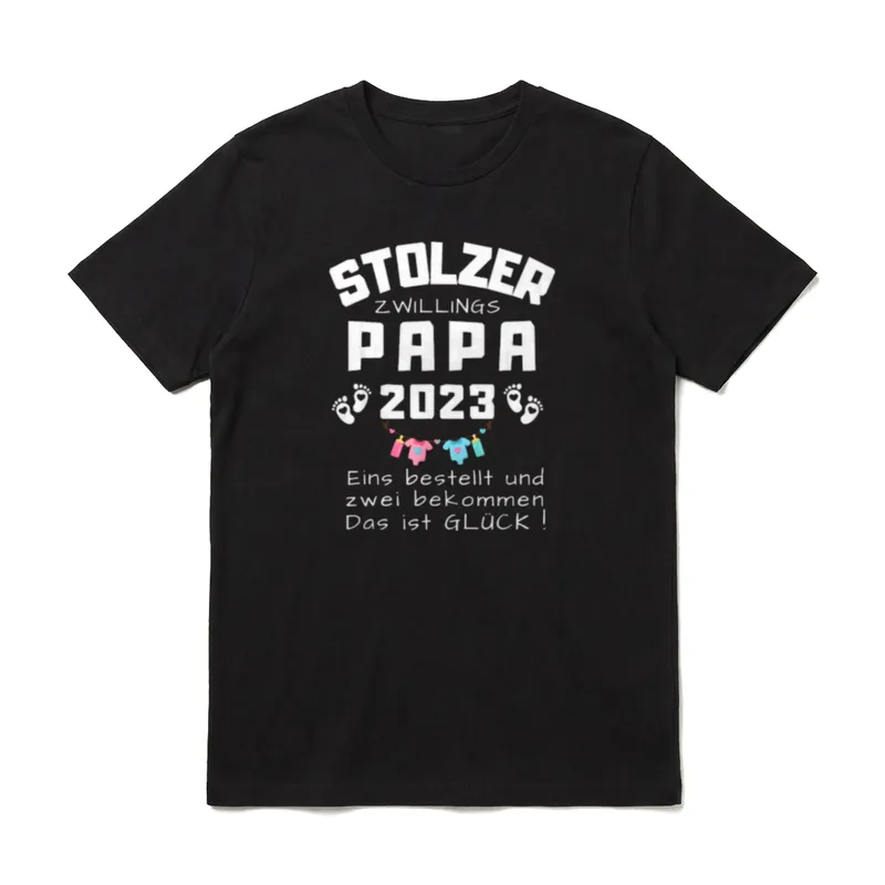 Zwillingspapa 2023 Papa T-Shirt – Stolzer Zwillingspapa 2023 mit Spruch und Wäscheleine – Klassisches T-Shirt in Schwarz