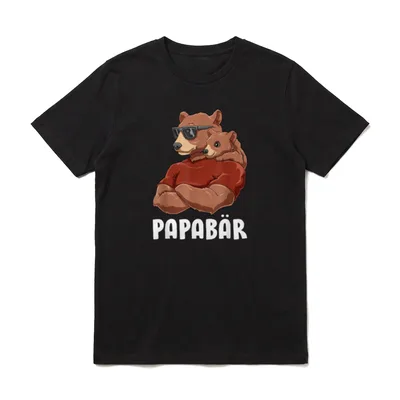 T-Shirt Vater Sohn Tochter – Papabär mit Sonnenbrille hält Jungtier, Schriftzug PAPABÄR – Klassisches T-Shirt in Schwarz