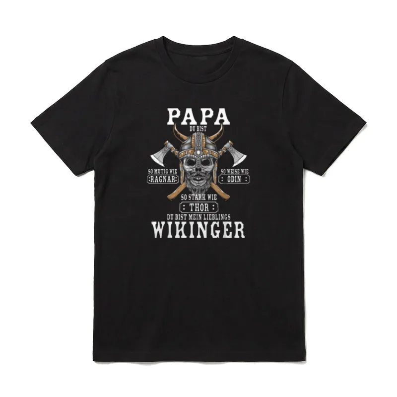 Wikinger Papa Retro Viking Dad T-Shirt – Totenkopf im Hörnerhelm mit Äxten und Papa-Spruch – Klassisches T-Shirt in Schwarz
