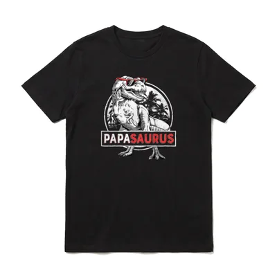Papasaurus T T rex T-Shirt – T-rex mit Sonnenbrille, Schriftzug PAPASAURUS, Palmenkreis – Klassisches T-Shirt in Schwarz