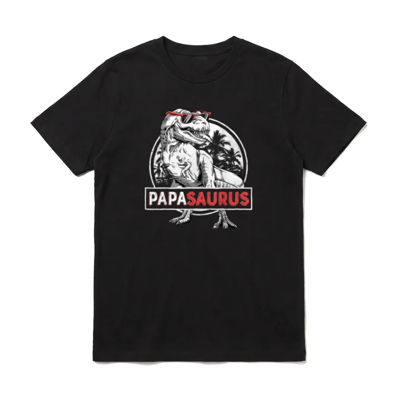 Papasaurus T T rex T-Shirt – T-rex mit Sonnenbrille, Schriftzug PAPASAURUS, Palmenkreis – Klassisches T-Shirt in Schwarz