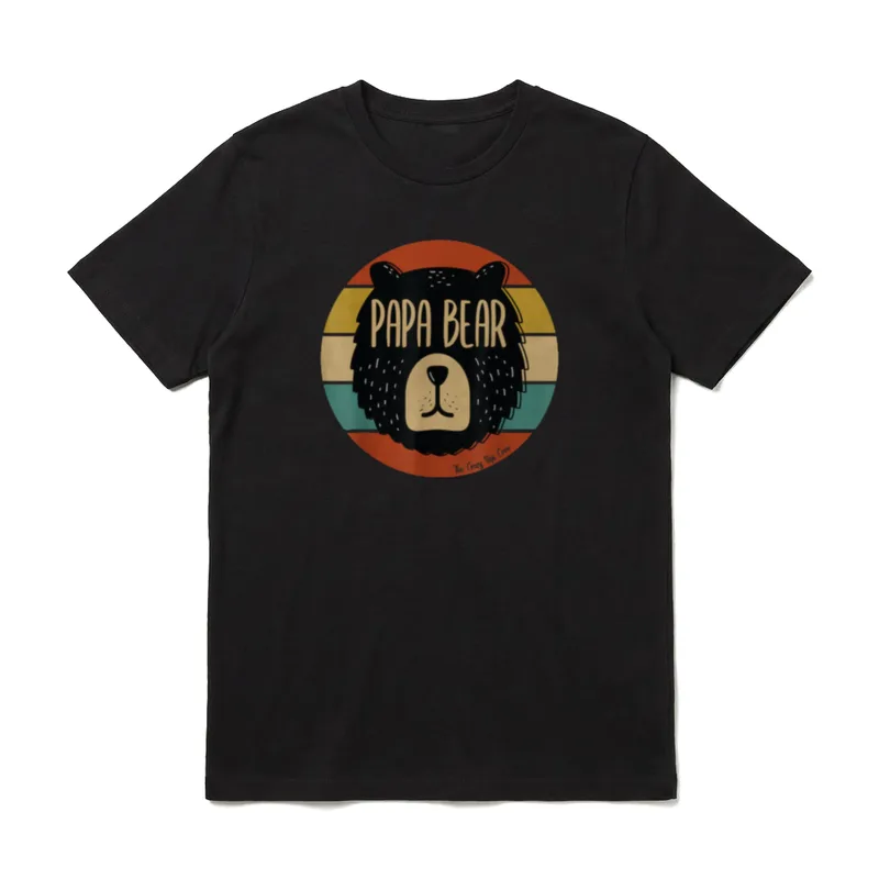 Papa Bear Bär T-Shirt – Retro Bärenkopf mit Text PAPA BEAR auf bunten Streifen – Klassisches T-Shirt in Schwarz