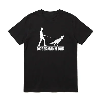 Dobermann Dad Dad T T-Shirt – Mann führt T-Rex an Leine, Schriftzug Dobermann Dad – Klassisches T-Shirt in Schwarz