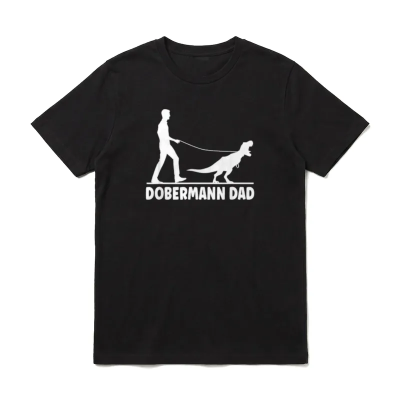 Dobermann Dad Dad T T-Shirt – Mann führt T-Rex an Leine, Schriftzug Dobermann Dad – Klassisches T-Shirt in Schwarz
