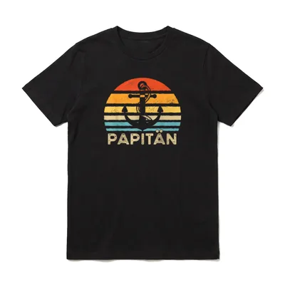 Papitän Vatertag Papa Kapitän T-Shirt – Anker vor Retro-Sonnenkreis, Schriftzug PAPITÄN – Klassisches T-Shirt in Schwarz