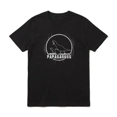 PAPASAURUS Dinosaurier Design T-Shirt – PAPASAURUS Text mit zwei Dinosauriern im Kreis – Klassisches T-Shirt in Schwarz