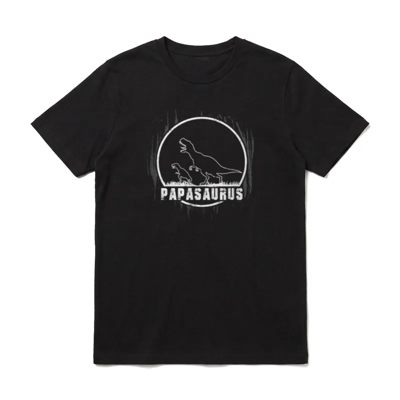PAPASAURUS Dinosaurier Design T-Shirt – PAPASAURUS Text mit zwei Dinosauriern im Kreis – Klassisches T-Shirt in Schwarz