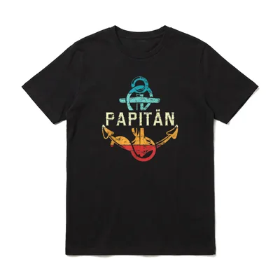 Papitän papitan Papa T-Shirt – Schriftzug „PAPITÄN“ auf buntem Anker in Retro-Optik – Klassisches T-Shirt in Schwarz