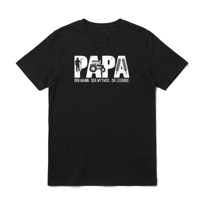 Papa Traktor Landwirt Vatertag T-Shirt – PAPA Schriftzug mit Landwirt, Traktor und Weizen – Klassisches T-Shirt in Schwarz