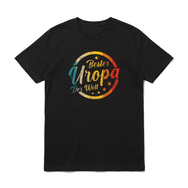 Bester Uropa T-Shirt – Bunter kreisförmiger Druck mit Text Bester Uropa Der Welt und Sternen – Klassisches T-Shirt in Schwarz