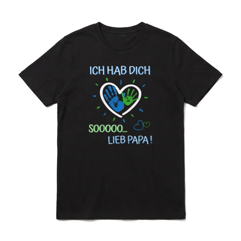 Ich hab dich lieb T-Shirt – Herz mit blauem und grünem Handabdruck, Spruch Sooooo lieb Papa – Klassisches T-Shirt in Schwarz