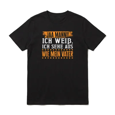 Jaa Mann ich weiß T-Shirt – T-Shirt mit orangefarbenem Schriftzug Jaa Mann und Sternenreihe – Klassisches T-Shirt in Schwarz