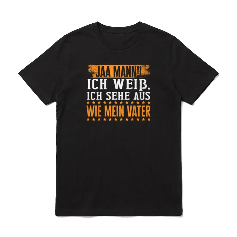 Jaa Mann ich weiß T-Shirt – T-Shirt mit orangefarbenem Schriftzug Jaa Mann und Sternenreihe – Klassisches T-Shirt in Schwarz