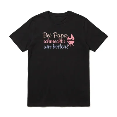 Bei Papa schmeckt's T-Shirt – Schriftzug Bei Papa schmeckt's am besten mit rosa Grill-Icon – Klassisches T-Shirt in Schwarz