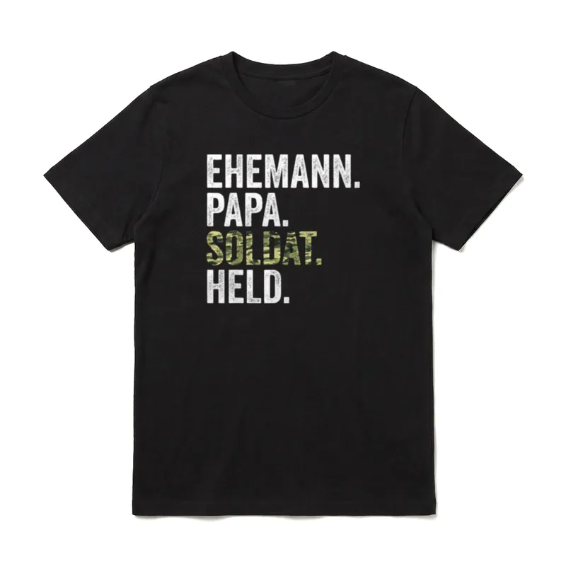 Profi Soldat Ehemann Papa T-Shirt – EHEMANN PAPA SOLDAT HELD Text mit Camouflage Füllung – Klassisches T-Shirt in Schwarz