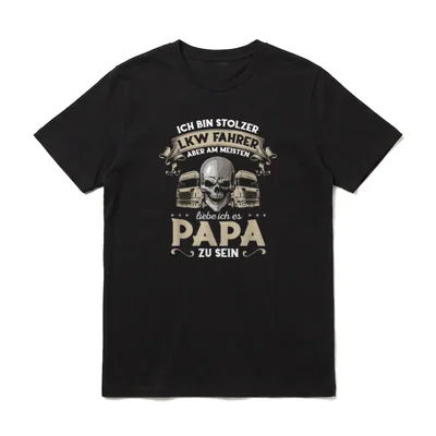 LKW Fahrer & Papa T-Shirt – Totenkopf vor zwei Lastwagen mit Spruch über LKW Fahrer und Papa – Klassisches T-Shirt in Schwarz