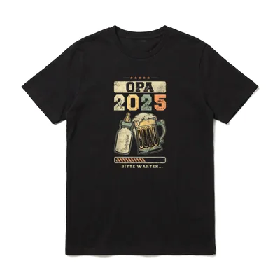 Opa 2025 Schwangerschaft Verkünden T-Shirt – OPA 2025, Fläschchen und Bierkrug, BITTE WARTEN – Klassisches T-Shirt in Schwarz