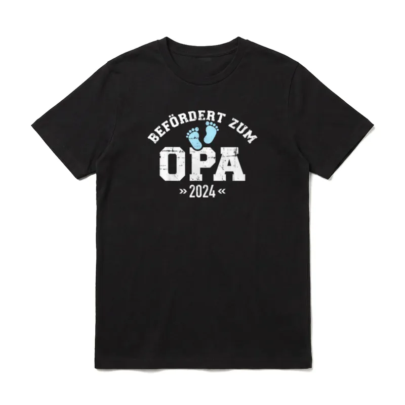 T-Shirt Opa 2024 – Schriftzug „Befördert zum Opa 2024“ mit blauen Babyfüßen – Klassisches T-Shirt in Schwarz