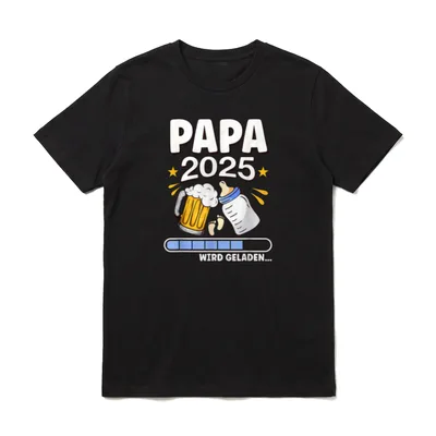 Ich werde Papa 2025 T-Shirt – PAPA 2025 Text mit Bierkrug, Babyflasche und Ladebalken Grafik – Klassisches T-Shirt in Schwarz