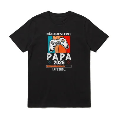 Nächstes Level Papa 2026 T-Shirt – Controller, Herzen, „Papa 2026“, Ladebalken „Loading...“ – Klassisches T-Shirt in Schwarz