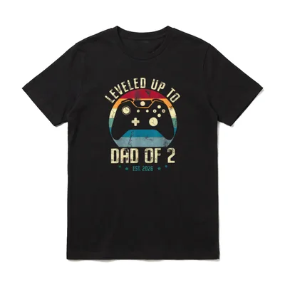 Ich Bin zum Vater T-Shirt – Leveled Up to Dad of 2 Controller Retro Sunset Shirt – Klassisches T-Shirt in Schwarz