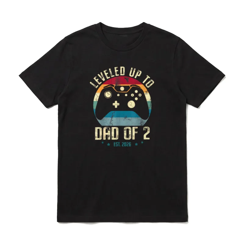 Ich Bin zum Vater T-Shirt – Leveled Up to Dad of 2 Controller Retro Sunset Shirt – Klassisches T-Shirt in Schwarz